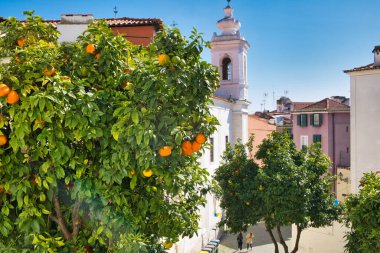 Lizbon 'daki Alfama Mahallesi, portakal ağaçları, kilise, beyaz evler ve kırmızı çatıları olan küçük bir meydan.