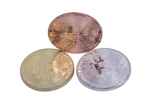 Gouden Zilveren en bronzen munten bitcoin Rechtenvrije Stockfoto's