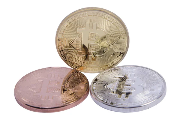 Gouden Zilveren en bronzen munten bitcoin Rechtenvrije Stockafbeeldingen