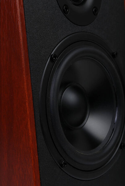 Wooden multimedia speaker system with different speakers closeup