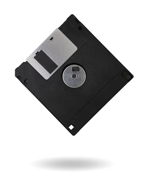 白い背景にPc用の古い黒いフロッピーディスク — ストック写真