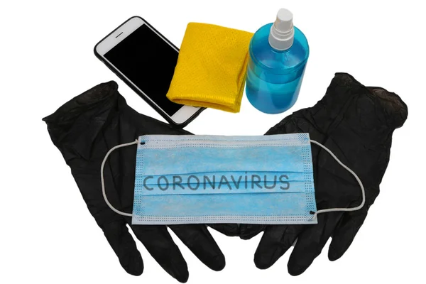 Cleaning Cloth Mobile Phone Antiseptic Bottle Concept Prevention Coronavirus Gloves — Stock Photo, Image