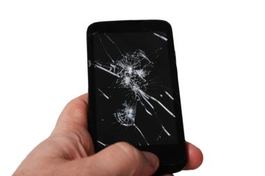 Beyaz arkaplanda kırık ekranlı telefon