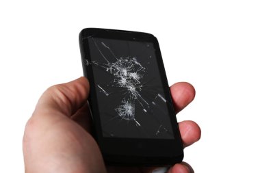 Beyaz arkaplanda kırık ekranlı telefon