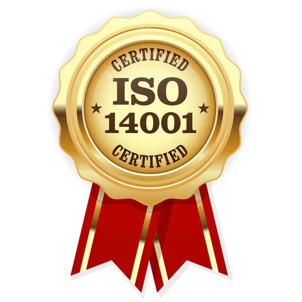 Iso 14001 認定 - 品質標準のゴールデン シール環境 — ストックベクタ