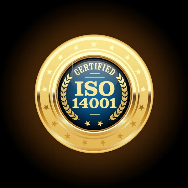 Medalla certificada ISO 14001: insignia dorada estándar de calidad — Vector de stock