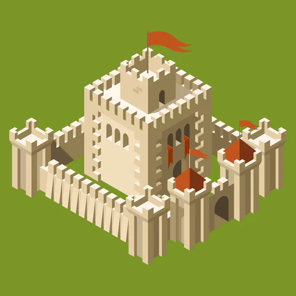 Isometric medieval castle with fortified wall and towers — Stock Vector