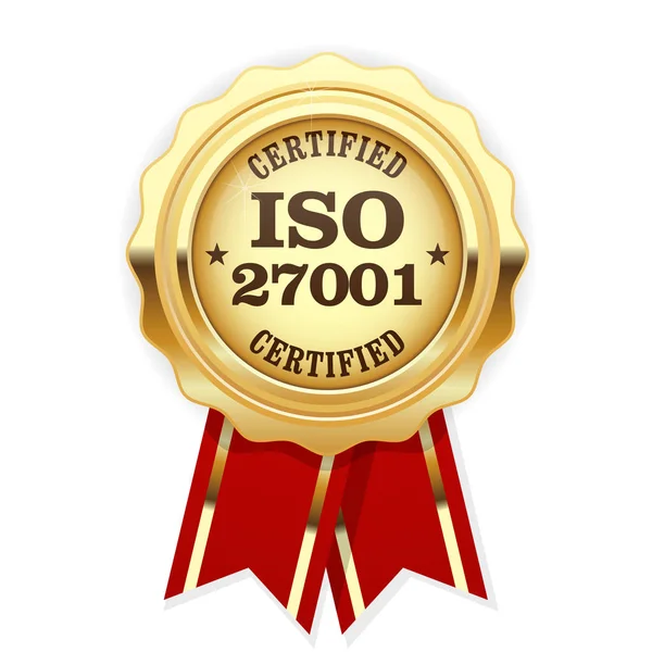 Rosette certifiée ISO 27001 - Mana de sécurité de l'information — Image vectorielle