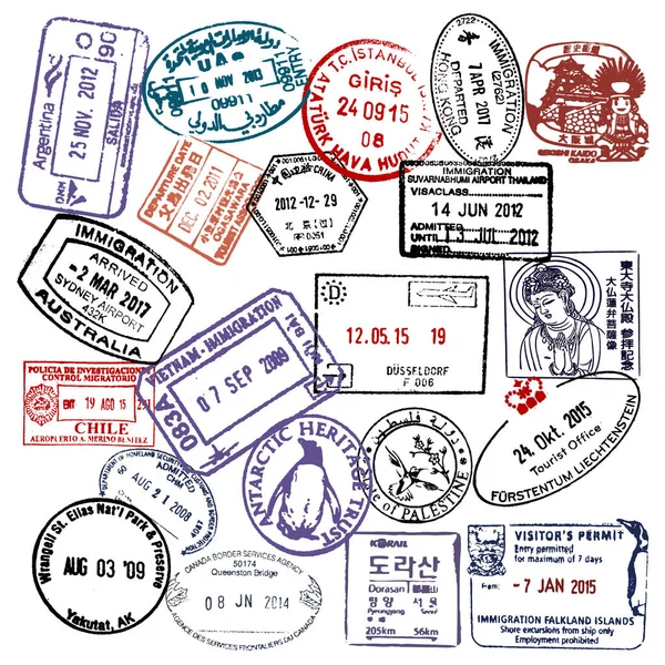 Travel and visa passport stamps background — Stock Vector