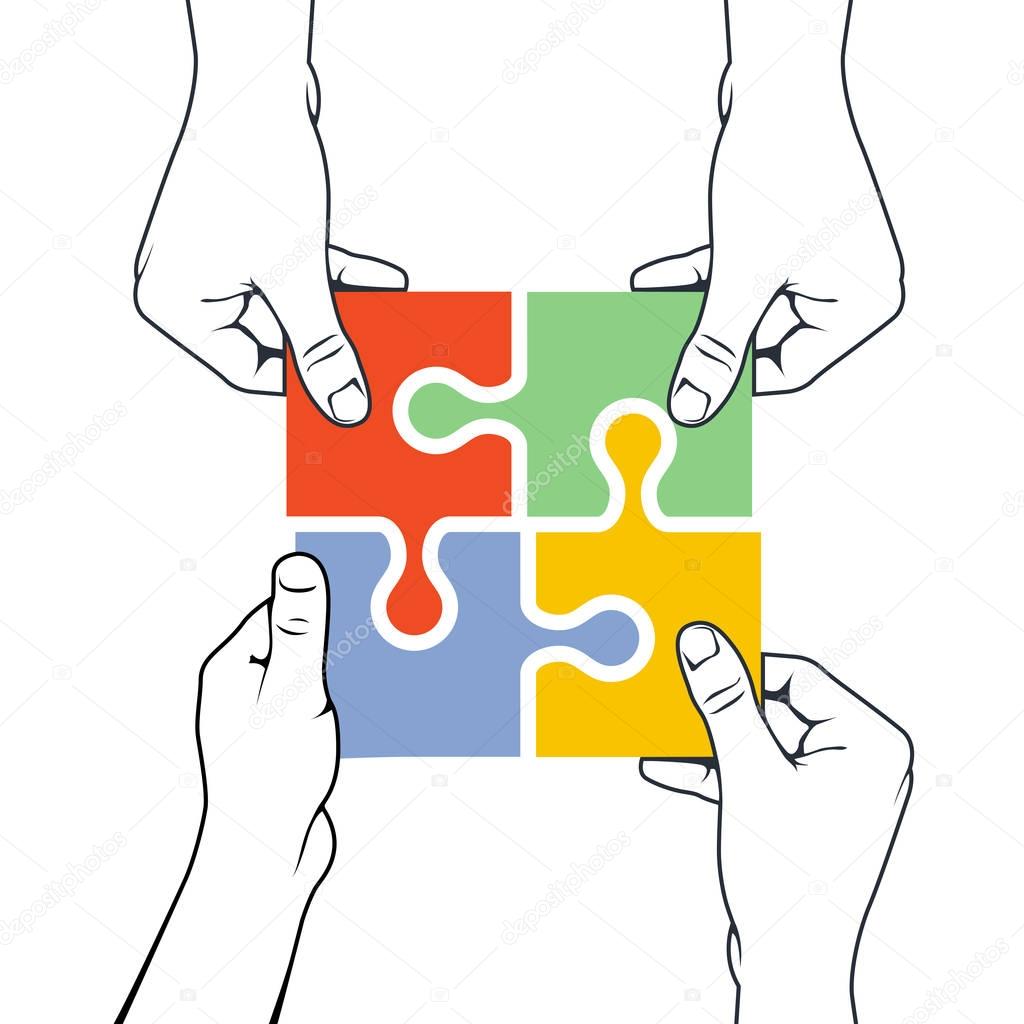 Four hands joining puzzle piece - association and merger concept