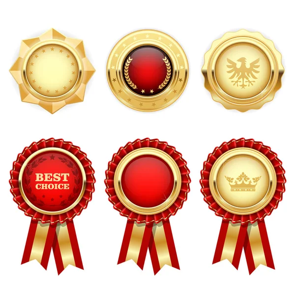 Rosetas de premio rojo y medallas heráldicas de oro e insignias — Vector de stock