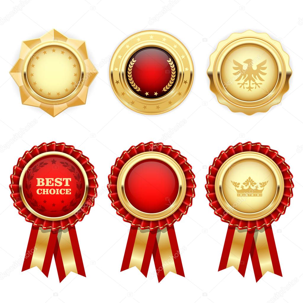 Red award rosettes and gold heraldic medals and insignia