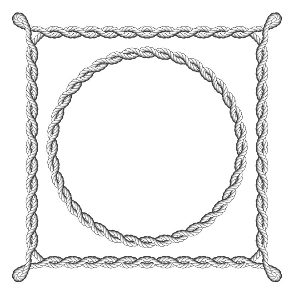 Скручені рамки мотузки - круглі і квадратні морські кордони — стоковий вектор