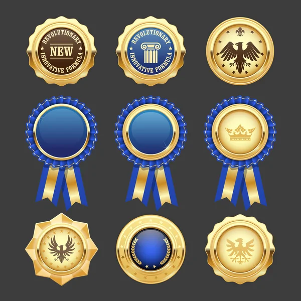 Blaue Auszeichnungsrosetten, Abzeichen und Wappenmedaillen — Stockvektor