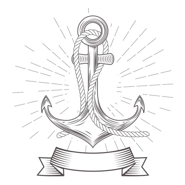 Emblema con ancla vintage con cuerda y estandarte — Archivo Imágenes Vectoriales
