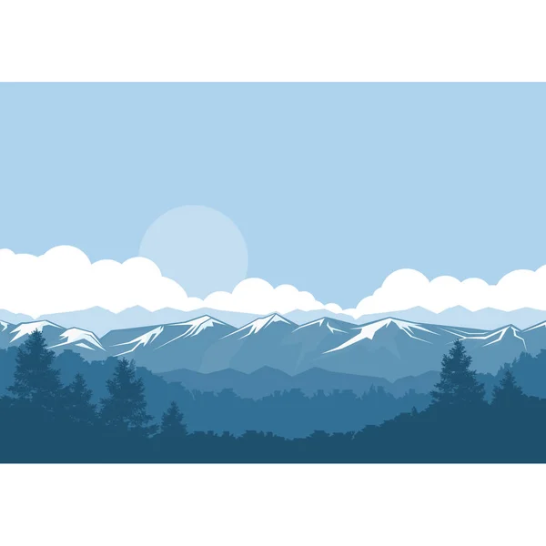 Montañas y bosque niebla paisaje con picos cubiertos de nieve — Vector de stock