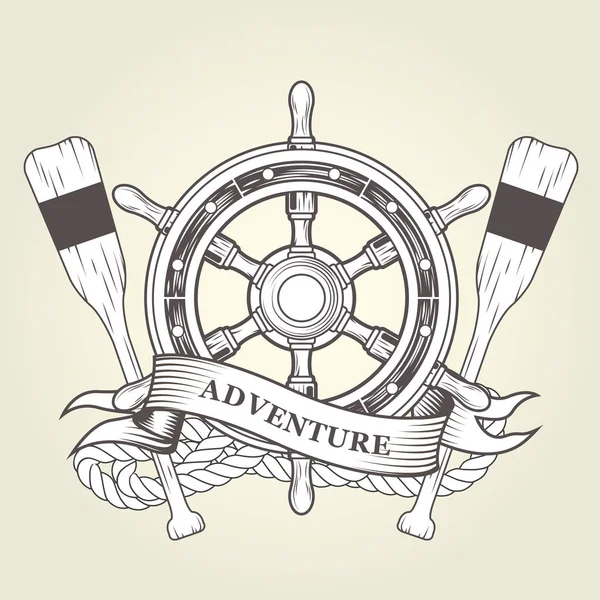Вінтажне кермо та весла морська емблема з ручним колесом — стоковий вектор