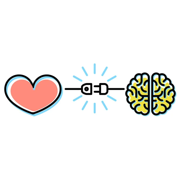 Concepto de interacciones corazón y cerebro - conexión de enchufe eléctrico — Vector de stock