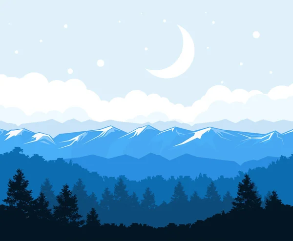 Bosque brumoso al pie de las montañas - paisaje rocoso — Vector de stock