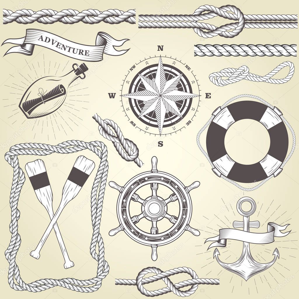 Vintage seafaring elements - steering wheel, oars, rope frame an