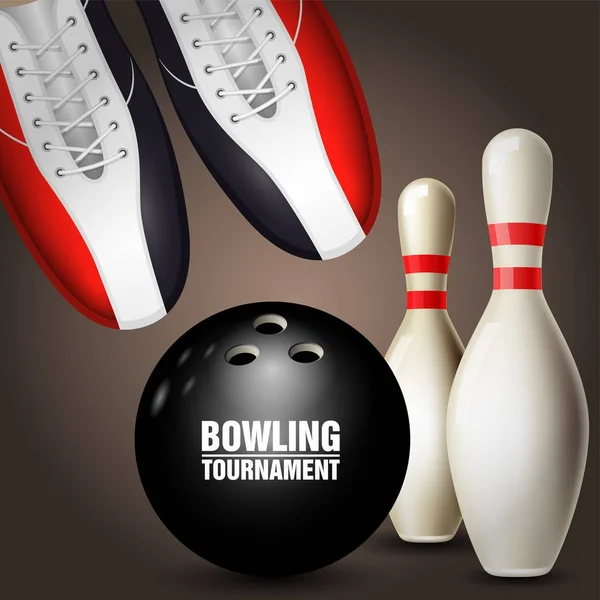 Bowlingschuhe, Kegeln und Ball - Poster für Bowlingturniere — Stockvektor