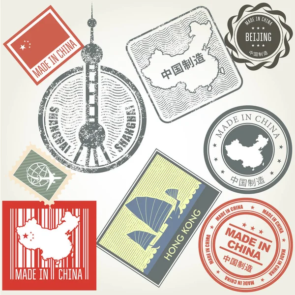 Hecho en China conjunto de sellos de goma grunge — Vector de stock