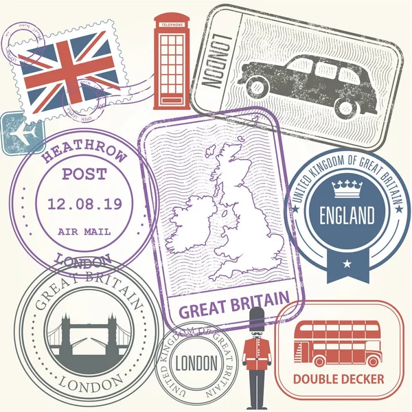 Reizen stempels set - Groot-Brittannië en Engeland op reis gaat — Stockvector