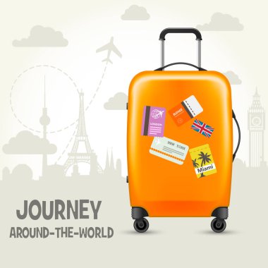 Modern suitcase with travel tags - sightsseeing around the world clipart