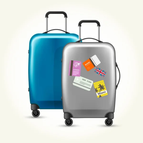 Колесные пластиковые чемоданы с багажными бирками на белом — стоковый вектор