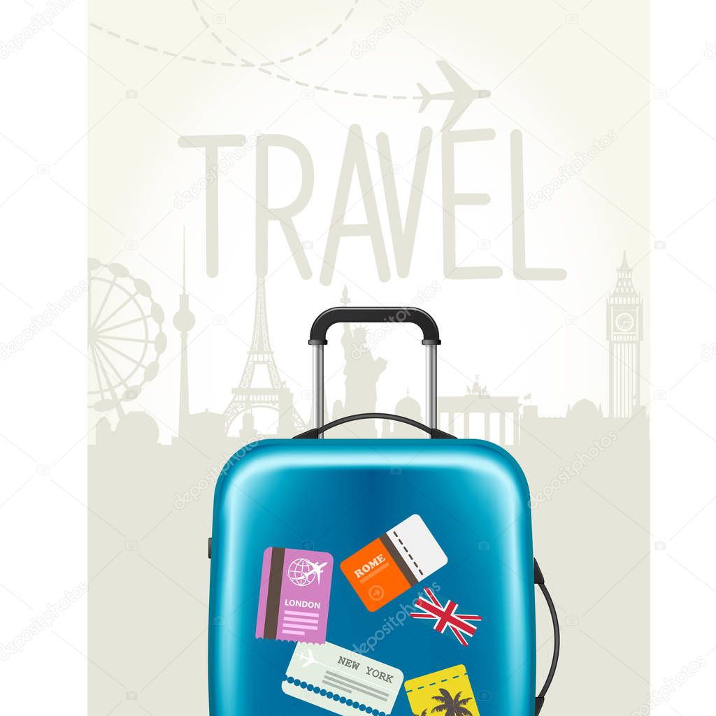 Travel around the world - modern suitcase with travel tags