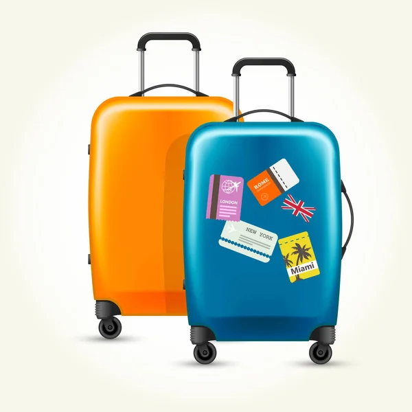 Malas de plástico com rodas - bagagem com etiquetas de viagem —  Vetores de Stock