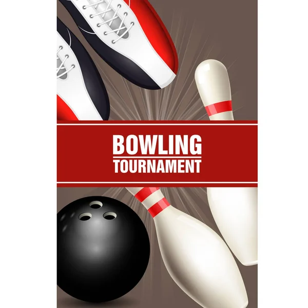 Poster für Bowlingturniere mit Bowlingschuhen, Kegeln und Ball — Stockvektor