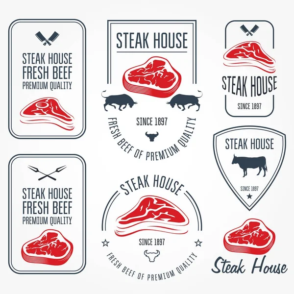Rótulos de bife e talho e emblemas - crachá de loja de carne —  Vetores de Stock