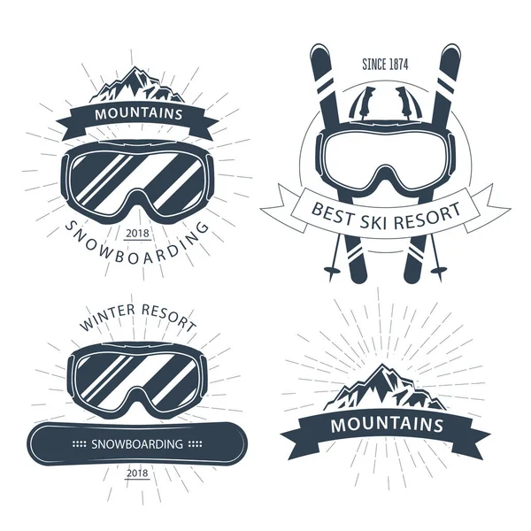Ski resort emblem and lebels with goggles, mountains - winter sp — Stock Vector