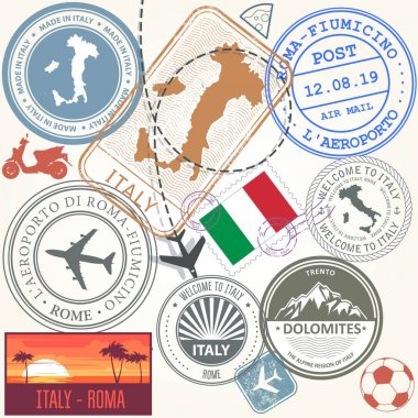 Seyahat seti - İtalya ile Roma yolculuk simgeleri pullar.