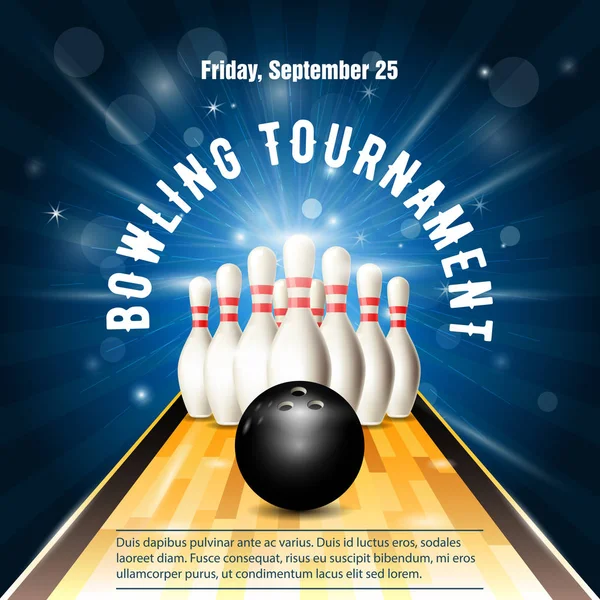 Modèle de flyer de tournoi de bowling avec terrain de bowling, skittles — Image vectorielle