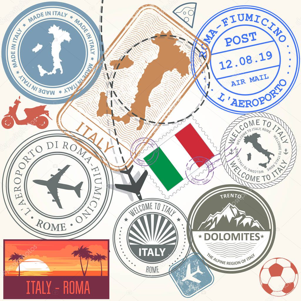 Travel stamps set - Italy and Rome journey symbols