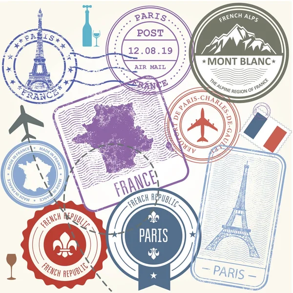 Conjunto de selos de viagem - símbolos de viagem França e Paris — Vetor de Stock