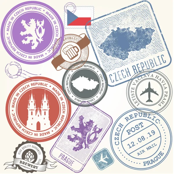 捷克旅游邮票套装-布拉格之旅符号 — 图库矢量图片
