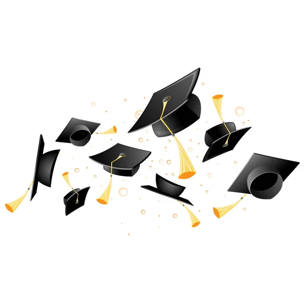 Flying academic mortarboard - graduation, throw of student hats — Stock Vector