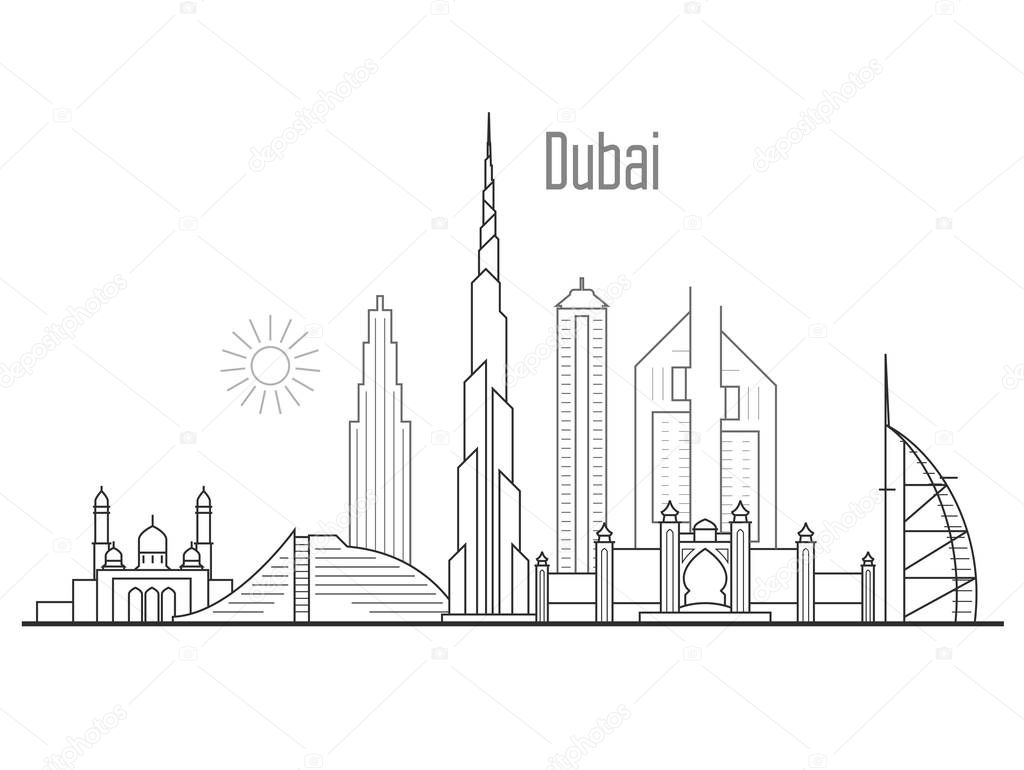 Dubai city skyline - towers and landmarks cityscape in liner sty