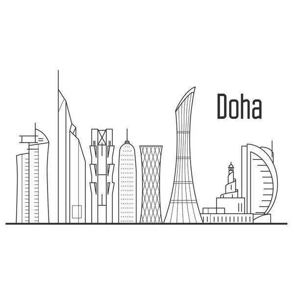 Ciudad de Doha skyline - paisaje urbano del centro, Qatar puntos de referencia en el trazador de líneas — Vector de stock