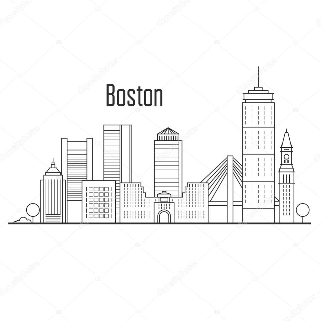 Boston city skyline - downtown cityscape, city landmarks in line