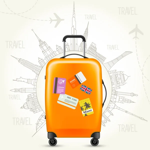 Dünya Turu gezisi - poster, bavul ve arazi dünya seyahat — Stok Vektör