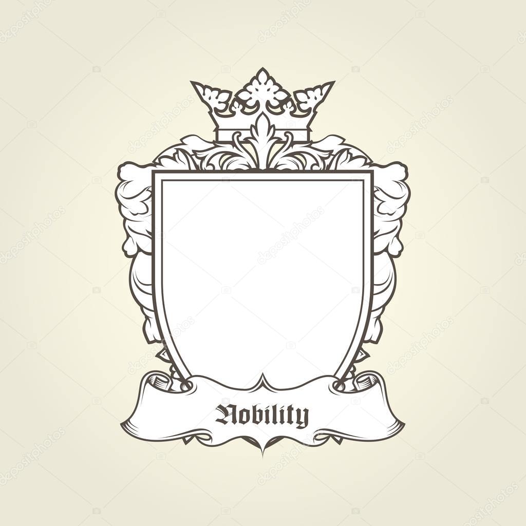 Blank template of coat of arms - shield with crown and banner, h