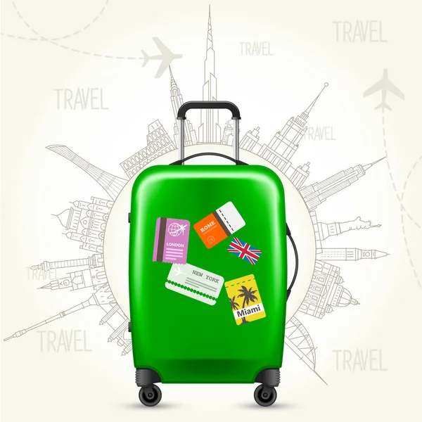 旅のラウンドの世界 - スーツケースと世界の観光スポット — ストックベクタ