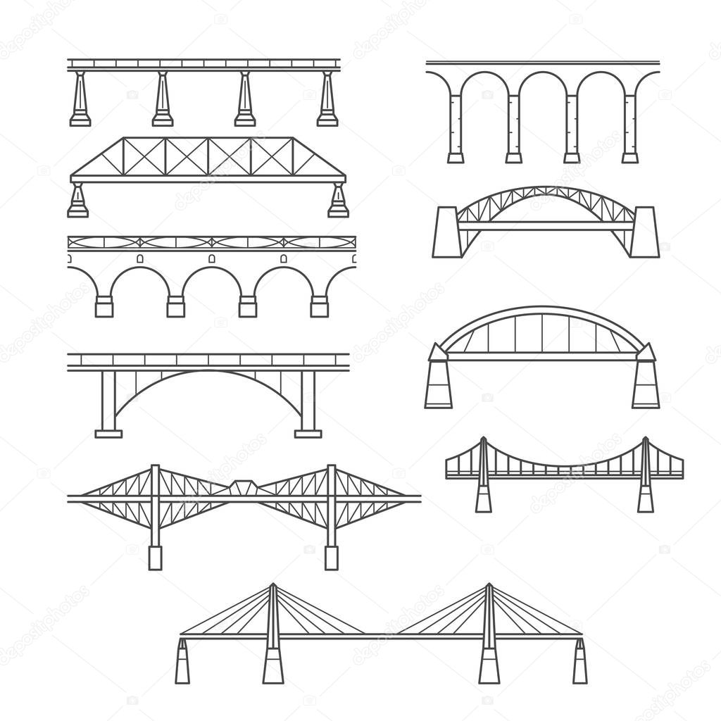 Types of bridges in linear style set - infographic icon of bridges 
