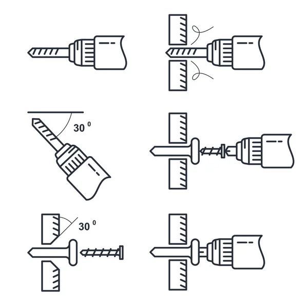 Icono de perforación del agujero, conjunto de herramientas de perforación y proceso de perforación — Vector de stock