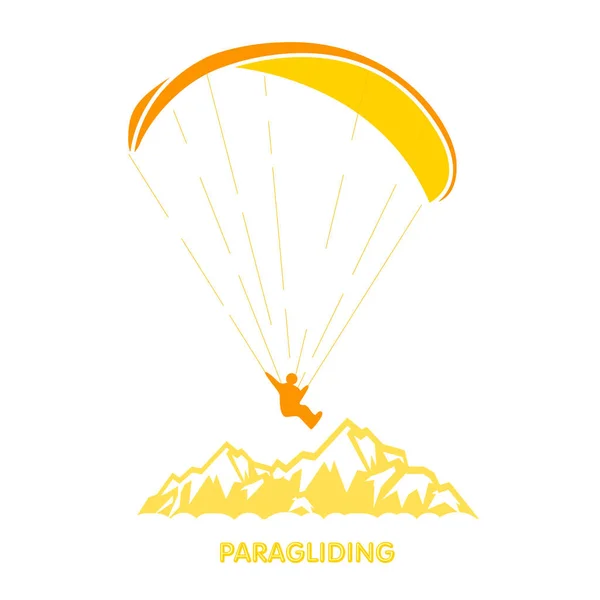 Parapente logotipo com pára-quedista skydiver voando sobre montanhas —  Vetores de Stock