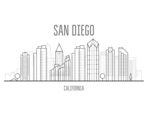 San Diego stadsgezicht met wolkenkrabbers en bezienswaardigheden van San Diego — Stockvector